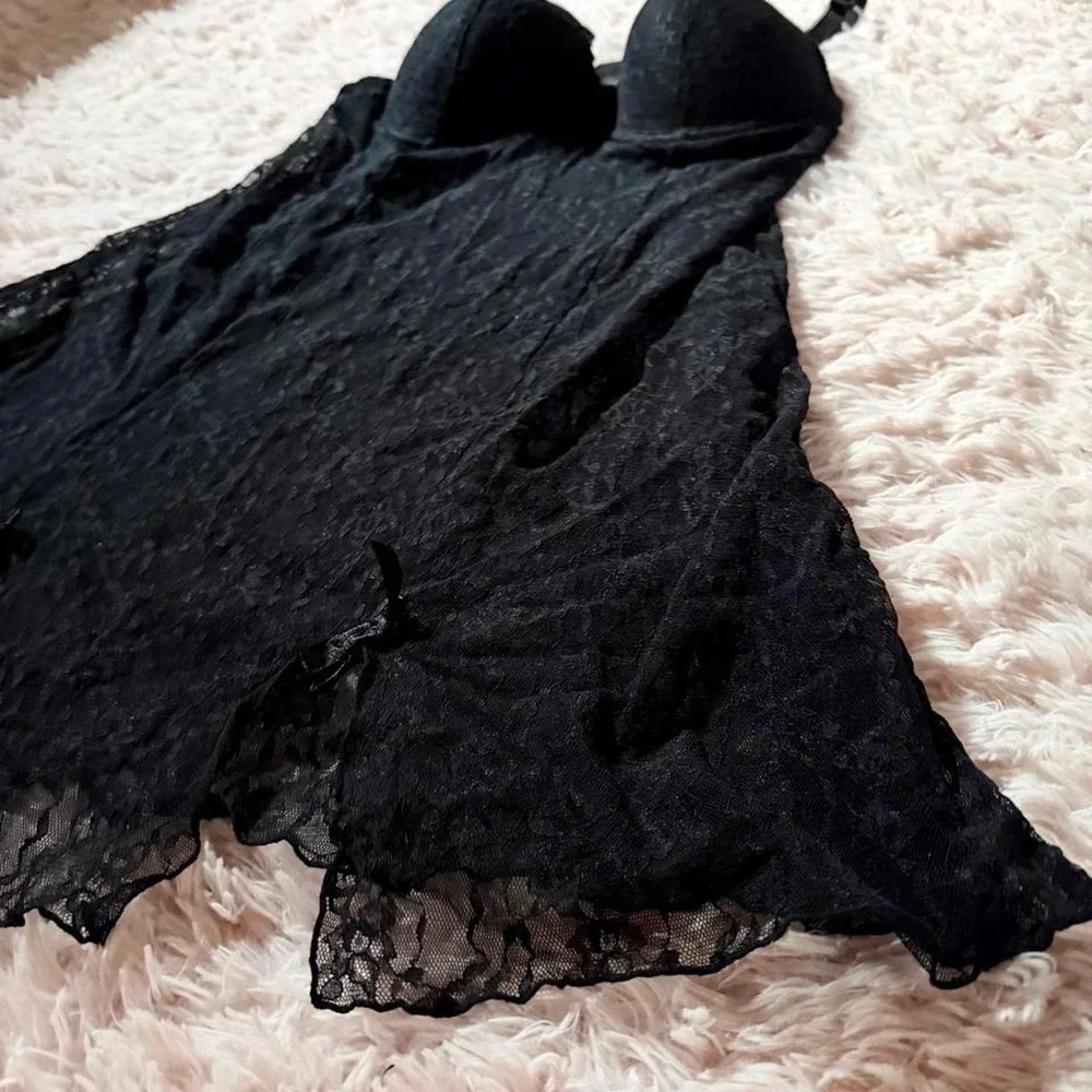 Black Lace Whimsygoth Emo Sexy Padded Lingerie Slip Dress Womens 38C Mysterious